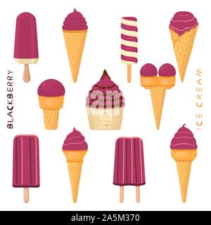 Vector Illustration für natürliche Black Ice Cream auf Stick, in Papier Schalen-, Wafer- Kegel. Eis mit süßen kalt Eis Lolly, Tas Stock Vektor