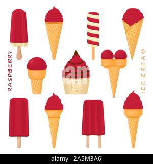Vector Illustration für natürliche Himbeer Eis auf Stick, in Papier Schalen-, Wafer- Kegel. Eis mit süßen kalt Eis Lolly, tast Stock Vektor