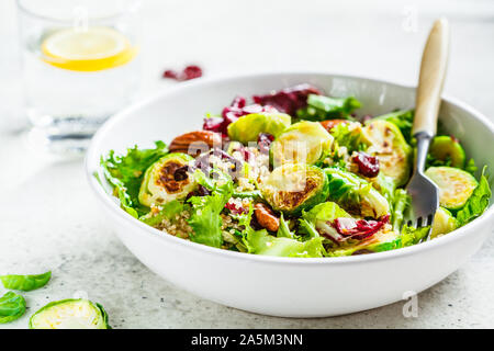 Gebratener Rosenkohl Salat mit Quinoa, Preiselbeeren und Nüsse in einer weißen Schüssel. Gesunde vegane Ernährung Konzept. Stockfoto