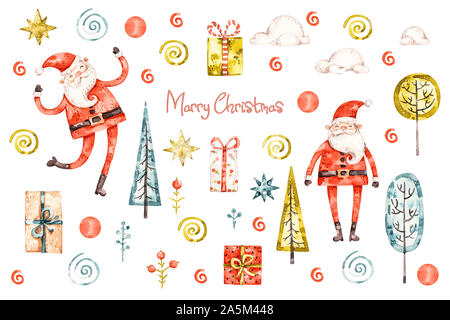 Weihnachten Baumschule mit glücklich Cute Santa Claus set für Feier Dekoration Design. Aquarell naiv handbemalt Abbildung. Winter Weihnachten Stockfoto