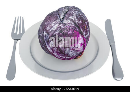 Frisches lila Kohl auf dem Teller mit Messer und Gabel, 3D-Rendering auf weißem Hintergrund Stockfoto