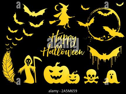Halloween set mit goldenen Fledermäuse, fliegende Hexe, gold Kürbisse, Mond, ghost, vektor design elemente Stock Vektor