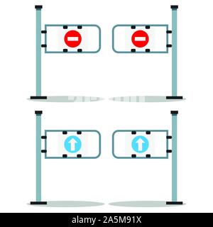 Vector Illustration Satz von Shop Eingangstor mit weißer Pfeil auf blauem Runden und rote STOP-Zeichen auf weißem Hintergrund. Drehkreuz. Gehen und Ba Stop Stock Vektor