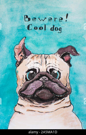 Portrait von coolen Pug Hund. Aquarellskizze, Illustration. Stockfoto