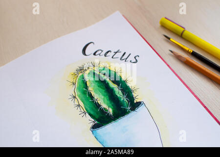 Aquarell handbemalt saftige im Topf. Hand gezeichnet Kaktus. Aquarell Skizze, Illustration. Stockfoto