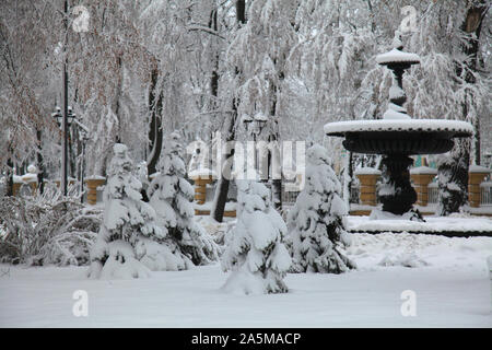 Kiew, Ukraine - Dezember 14, 2018: Die alten Brunnen und Tannen unter dem Schnee. Winter Park im zentralen Teil der Stadt Stockfoto