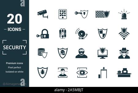Security Icon Set. Kreative Elemente Überwachungskamera, deffense, Schloss, Schutz, Datenschutz Symbole. Kann für den Bericht verwendet, Präsentation. Stock Vektor