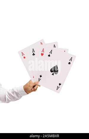 Männliche hand mit großen Asse Spielkarten auf weißem Hintergrund Stockfoto