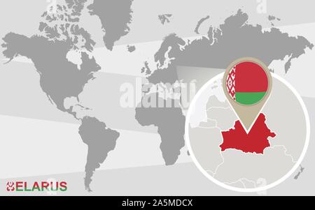 Weltkarte mit vergrößerten Belarus. Weißrussland Flagge und Karte. Stock Vektor