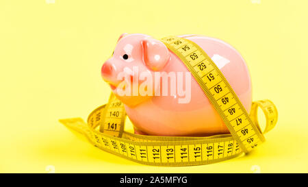 Messen Sie Kosten. Sparschwein und Maßband. Budget limit Konzept. Wirtschaft und Finanzen. Pig trap. Haushalt Krise. Planung Budget. Business problem. Begrenzt oder eingeschränkt. Kredit Darlehen schulden. Stockfoto