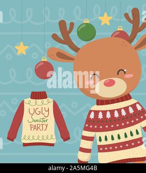 Süße rentier Weihnachten hässliche Pullover Partei Kugeln und Sterne deko Vector Illustration Stock Vektor