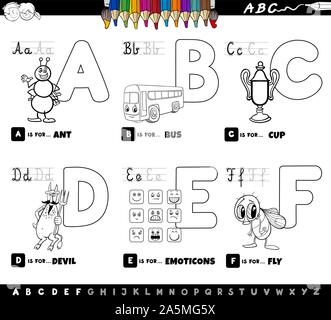 Schwarze und Weiße Cartoon Illustration von Großbuchstaben Alphabet Bildungs- Set für Lesen und Schreiben Praxis für Kinder von A bis F Farbe Buch Stock Vektor