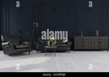 Dekorativer Hintergrund für Home, Office und Hotel. Modernes Design Wohnzimmer Sofa und Sessel in Leder schwarz mit modernen Details im Innenraum o Stockfoto