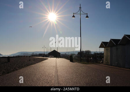 Der Blick in die Sonne über dem östlichen Promenade, die entlang des Kiesstrandes von Eastbourne an der Südküste von England. Stockfoto