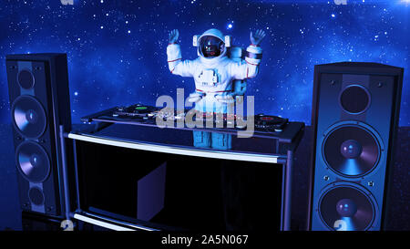 DJ Astronaut, disc jockey Spaceman mit Händen bis die Musikwiedergabe mit Turntables, Kosmonaut, der auf der Bühne mit Dj Audio Equipment, Seitenansicht, 3D-Rendering Stockfoto