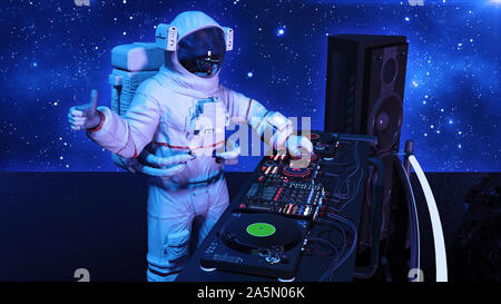 DJ Astronaut, disc jockey Spaceman mit Daumen hoch die Musikwiedergabe mit Turntables, Kosmonaut, der auf der Bühne mit Dj Audio Equipment, Seitenansicht, 3D-Rendering Stockfoto
