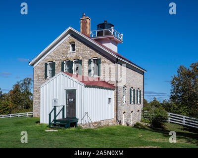 Pottawatomie Leuchtturm Exterieur, Rock Island State Park, Door County, Wisconsin. Stockfoto