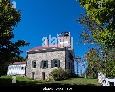 Pottawatomie Leuchtturm Exterieur, Rock Island State Park, Door County, Wisconsin. Stockfoto