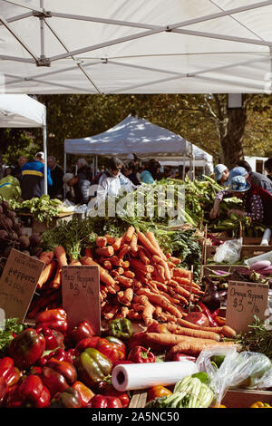 Boston, Massachusetts - Oktober 3., 2019: die Menschen einkaufen für frische Produkte und lokale Waren zu einem Bauernmarkt im Copley Square auf einen Tag fallen. Stockfoto