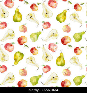 Nahtlose bunten Hintergrund von saftigen Äpfel Birnen, in Aquarell gezeichnet. Elemente der herbstlichen Garten. Natürliche drucken für Textilien, Geschenkpapier, Stockfoto