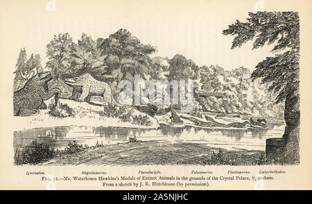 Benjamin Waterhouse Hawkins' Modelle ausgestorbener Tiere auf dem Gelände des Crystal Palace, Sydenham. Iguanodon bernissartensis, Megalosaurus bucklandii, Pterodactylus antiquus, Teleosaurus cadomensis, Plesiosaurus und dolichodeirus jaegeri Mastodonsaurus (Labyrinthodon). Gravur nach einer Illustration von J.R. Hutchinson von Henry Neville Hutchinson die Kreaturen von anderen Tagen, populäre Studium der Paläontologie, Chapman und Hall, London, 1896. Stockfoto