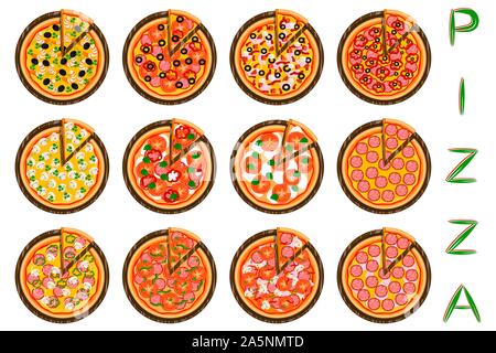 Vector Illustration Logo für die ganze Runde heiße Pizza, Scheibe Dreieck von Pizzeria Menü. Pizza auf Holz, Zutaten für pizzeria Schiefertafel, fo Stock Vektor