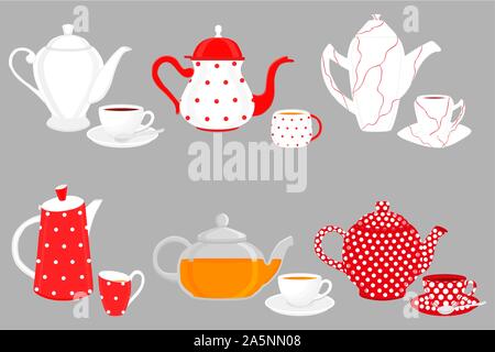 Abbildung auf Thema große farbige Set verschiedene Teekannen, unterschiedliche Größe. Teekanne Muster bestehend aus Sammlung Zubehör Wasserkocher in Stock Vektor