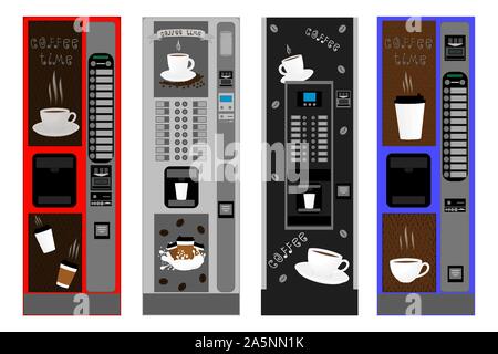 Abbildung: Symbol auf Thema große farbige verschiedene Arten Kaffee Maschine festlegen, neue Größe logo Getränkeautomat. Kaffee Muster bestehend aus Sammlung Zubehör Stock Vektor