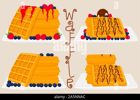 Vektor icon Abbildung: Logo für verschiedene süße Waffeln. Waffle Muster bestehend aus Slice verschiedene dessert Süßwaren, Wafer mit Himbeere. Essen Stock Vektor