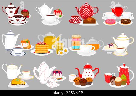Abbildung auf Thema große farbige Set verschiedene Teekannen, unterschiedliche Größe. Teekanne Muster bestehend aus Sammlung Zubehör Wasserkocher in Stock Vektor