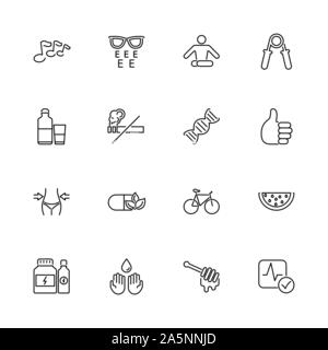 Gesundheit, Yoga, Übung Umrisse Icons Set - schwarzes Symbol auf weißem Hintergrund. Gesundheit, Yoga, Übung einfache Illustration Symbol gesäumten Einfachheit Zeichen Stock Vektor