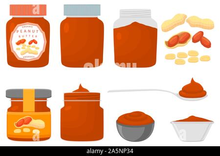 Abbildung auf Thema große farbige stellen verschiedene Arten Erdnussbutter, Gläser verschiedener Größe. Erdnussbutter Muster bestehend aus Sammlung Zubehör beaut Stock Vektor