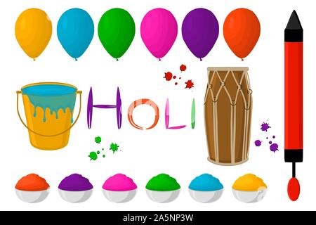 Abbildung auf Thema große verschiedene bunte Luftballons, Pulver für Holi. Ballon Muster bestehend aus Sammlung Zubehör Pulver fe Holi Stock Vektor