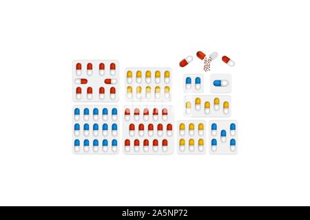 Abbildung auf Thema große farbige verschiedene Arten von Pillen innen Blister. Pille Muster bestehend aus Sammlung Blasen mit Qualität contr Stock Vektor
