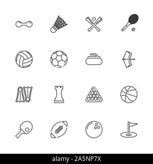 Sport Spiele, Kugel Umrisse Icons Set - schwarzes Symbol auf weißem Hintergrund. Sport Spiele, Kugel einfache Illustration Symbol gesäumten Einfachheit unterzeichnen. Flache Vec Stock Vektor