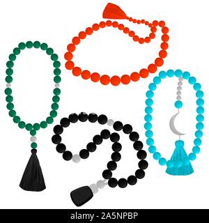 Abbildung auf Thema große farbige verschiedene Arten von Perlen für Rosenkranz mit Quaste. Raupe Muster bestehend aus Sammlung Zubehör schöne rosar Stock Vektor