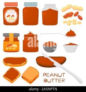 Abbildung auf Thema große farbige stellen verschiedene Arten Erdnussbutter, Gläser verschiedener Größe. Erdnussbutter Muster bestehend aus Sammlung Zubehör beaut Stock Vektor