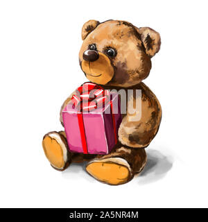 Teddy Bär mit Geschenk in Pfoten art Illustration mit Aquarell auf weißem Hintergrund gemalt. Stockfoto