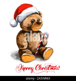 Weihnachten Spielzeug Teddybär in Santa Hut. festliche Weihnachten Charakter, Art Illustration mit Aquarell auf weißem Hintergrund gemalt. Stockfoto