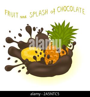 Abbildung auf Thema fallende runny Ananas abtropfen auf zuckerhaltige Schokolade. Ananas Muster der Sammlung Tropfen Mahlzeit für Organische gesunde Milch Schokolade. Stock Vektor