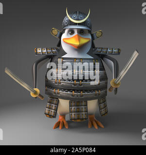 3d Cartoon penguin Samurai Krieger in voller Rüstung weilding Dual katana Schwerter, 3d-Grafik rendern Stockfoto