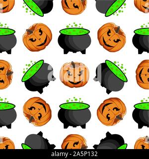 Abbildung auf Thema große farbige Muster Halloween, nahtlose orange Kürbis. Nahtlose Muster bestehend aus Sammlung Kürbis, Zubehör bei Hallowee Stock Vektor