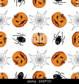 Abbildung auf Thema große farbige Muster Halloween, nahtlose orange Kürbis. Nahtlose Muster bestehend aus Sammlung Kürbis, Zubehör bei Hallowee Stock Vektor