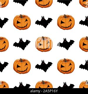 Abbildung auf Thema große farbige Muster Halloween, nahtlose orange Kürbis. Nahtlose Muster bestehend aus Sammlung Kürbis, Zubehör bei Hallowee Stock Vektor