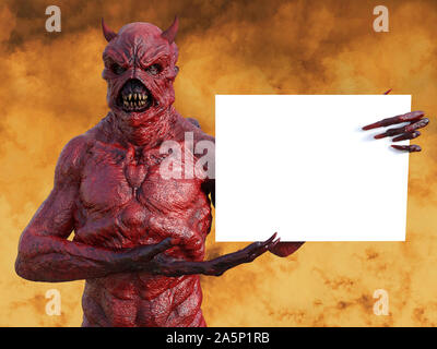 Eine mittlere Suchen dämonische, roter Teufel mit Hörnern und halten ein leeres Zeichen mit Copyspace, 3D-Rendering. Er wird durch Feuer wie in der Hölle umgeben. Stockfoto