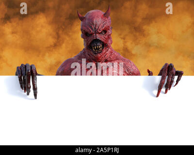 Eine mittlere Suchen dämonische, roter Teufel mit Hörnern und halten ein leeres Zeichen mit Copyspace, 3D-Rendering. Er wird durch Feuer wie in der Hölle umgeben. Stockfoto