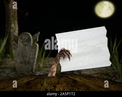 3D-Rendering des Monsters, Zombie oder Leiche hand mit langen Fingernägeln gruselig aus dem Boden auf einem Friedhof in der Nacht, mit einem leeren weißen werde Stockfoto