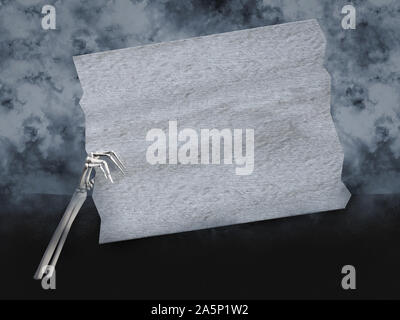 3D-Rendering von einem Skelett Hand aus dem Boden, und halte einen leeren weißen Holzschild mit Copyspace. Smoky Hintergrund. Stockfoto