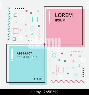 Abstrakte Vorlage minimale geometrische in den Farben Pink und Blau mit quadratischen Rahmen auf weißem Hintergrund Memphis Stil. Vector Illustration Stock Vektor