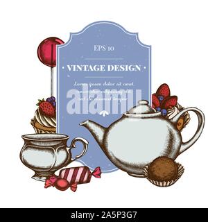Logo Design mit farbigen Lutscher, Bonbons, Kuchen, Teekannen, Tassen, Trüffel Torte tartlet lieferbar Abbildung: Stock Vektor